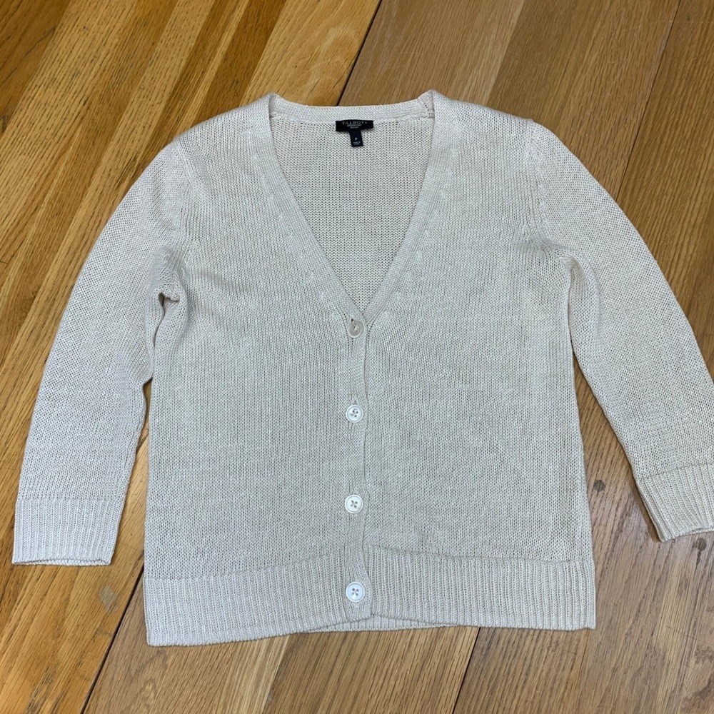 Talbots Petites Cream 100% Linen V-Neck Button Front Cardigan Sweater Size P